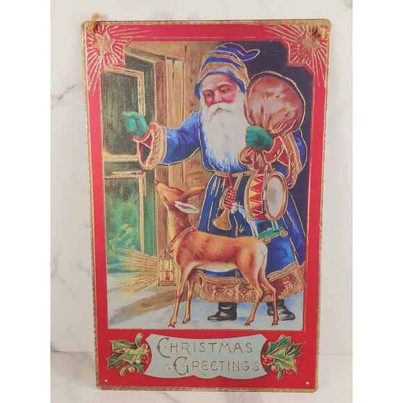 Christmas Greetings Santa Claus Retro Metal Signs 16" x 10" Blue Robes Wall Deco - Picture 1 of 12